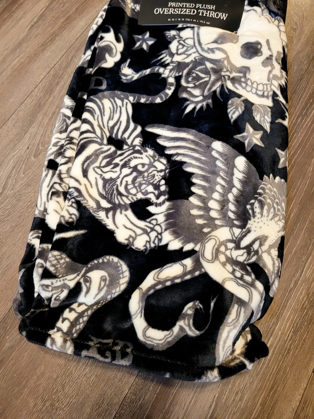 Ed Hardy Black & White Skull Printed Plush Oversized Throw